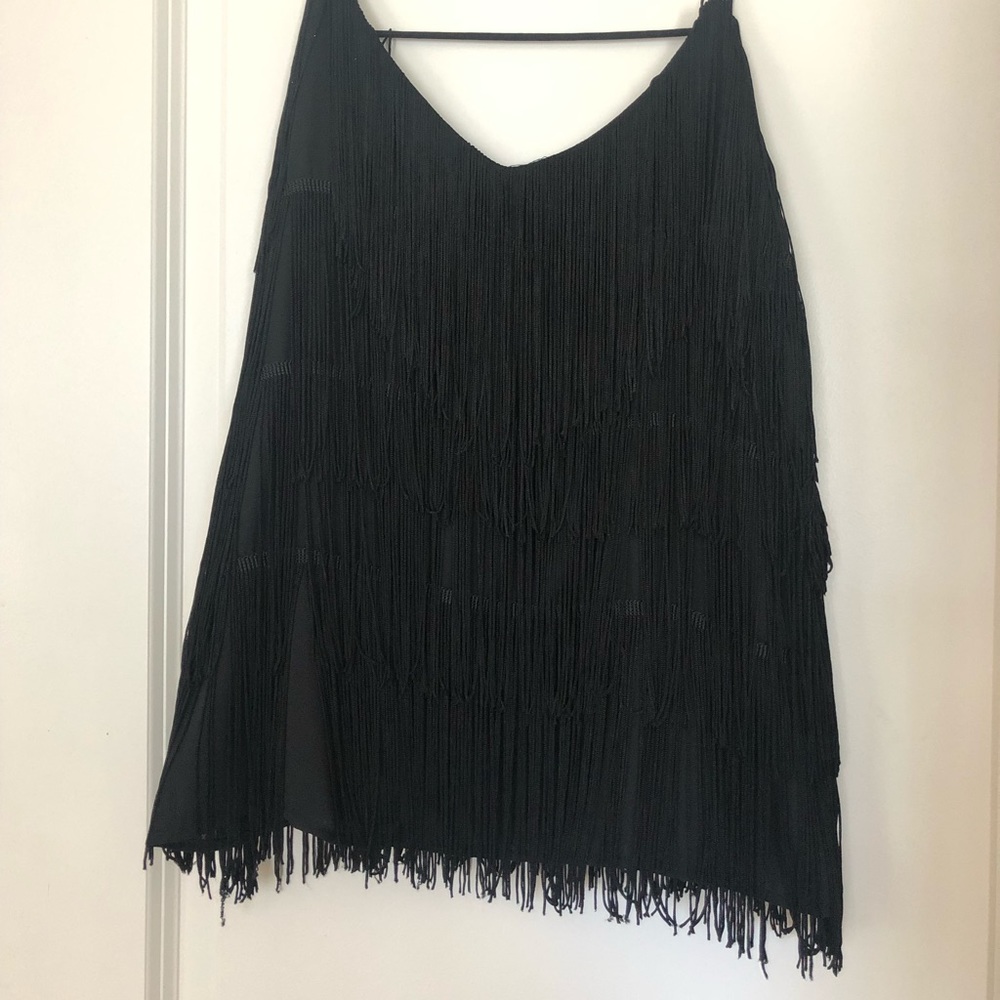 Black fringe, strappy top with low back